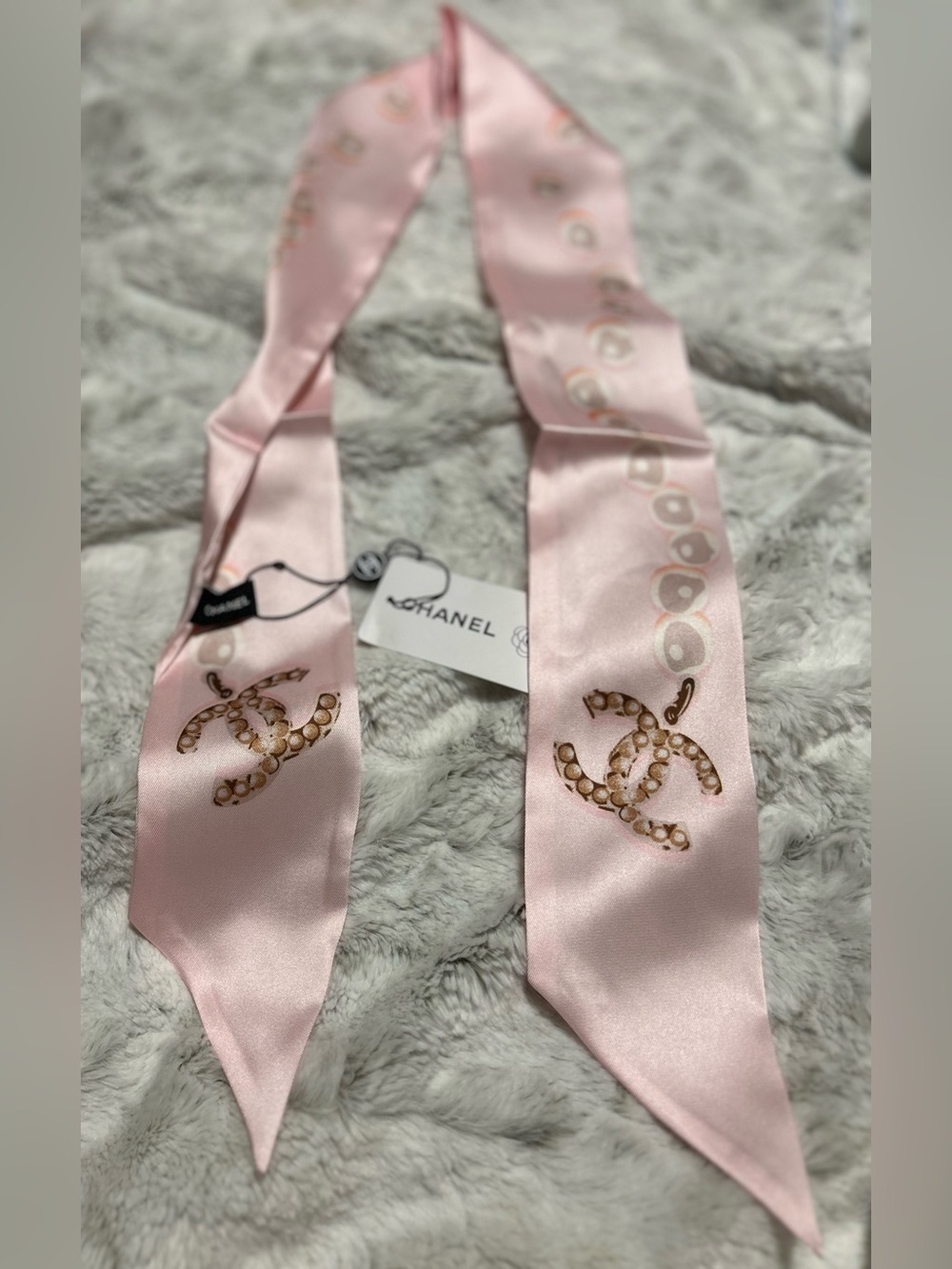 C Light Pink Silk Logo Twilly with Gold Motif